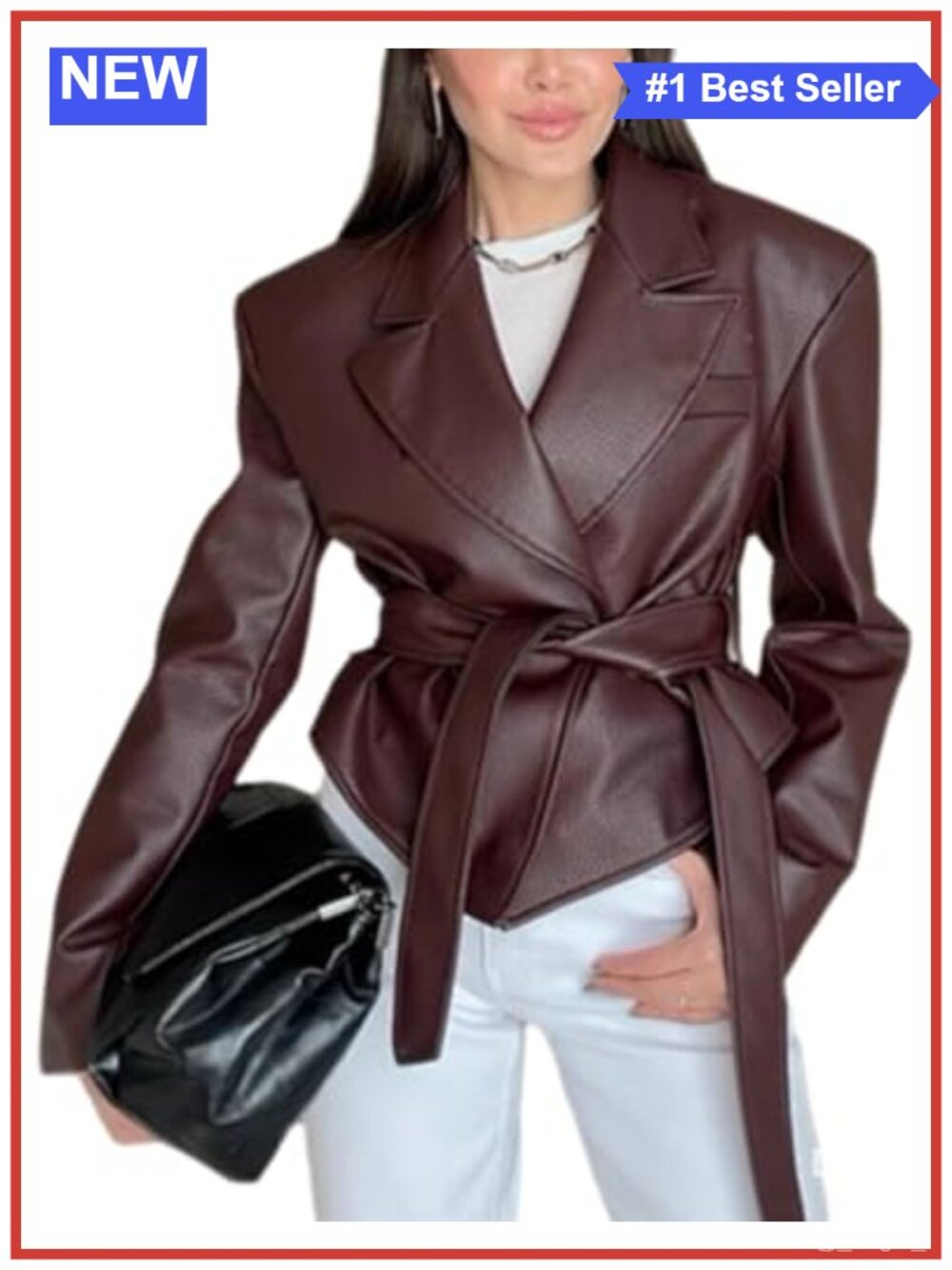 Faux Leather Jacket Women Motorcycle Biker Bomber Belted Blazer
